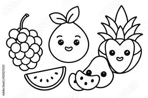 Adorable black and white cartoon fruits featuring playful grape pear watermelon pineapple and avocado designs