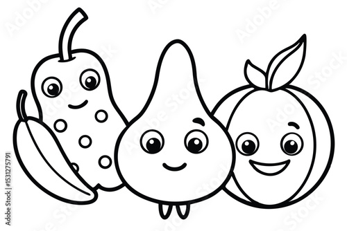 Cute cartoon vegetables smiling together in black and white perfect for coloring book pages
