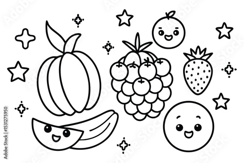 Cute hand drawn fruits and stars outlined vector illustration for coloring pages or educational designs.