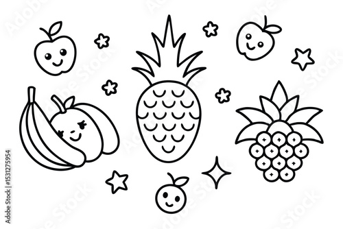 Adorable outline illustrations of various fruits including pineapple apple banana orange and stars with cute facial expressions