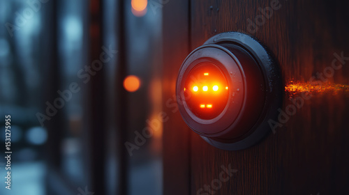 Close-up of a modern smart thermostat with a glowing red display, showcasing advanced home automation and energy management.