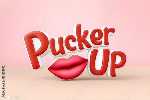Vibrant 3D illustration featuring the phrase Pucker Up with playful red lips against a soft pink background. Perfect for themes of flirtation, love, and beauty.