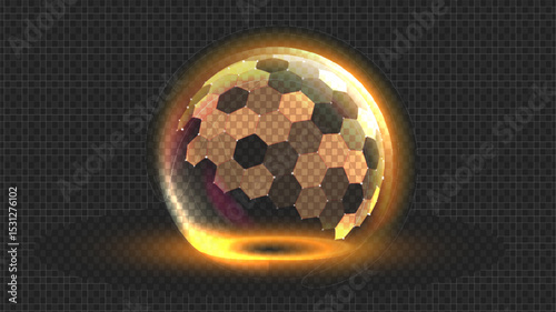 Gold shield sphere with hexagon 3D pattern. Dome ball protect abstract background, creating tech barrier for cyber defense. AI security, or graphene mesh layers for sci fi concepts.