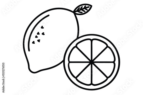 Simple black and white illustration of lemon fruit whole with leaf and slice showing its internal segments