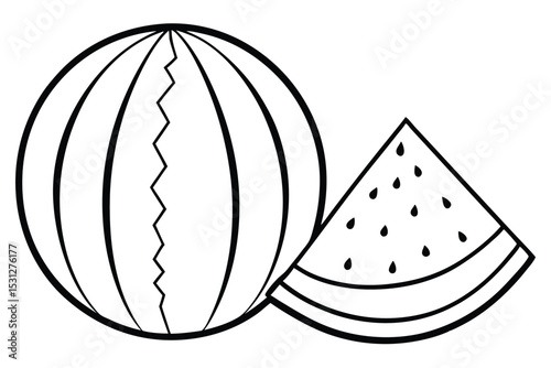 Black and white illustration of a watermelon whole and a slice of the summer fruit ready for coloring