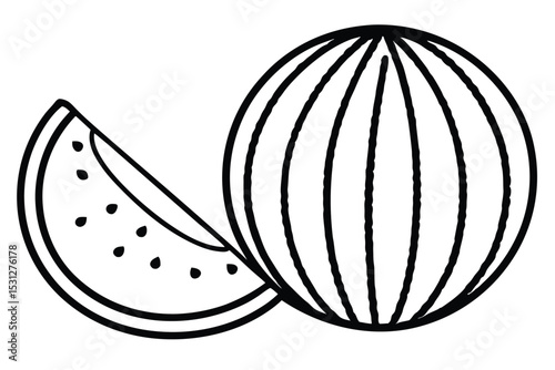 Black and white outlined illustration of a whole watermelon and a single slice depicting summer freshness