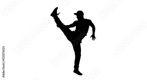 Dancer performing dynamic kick in silhouette on white background
