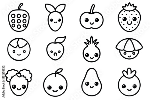 Cute cartoon fruits vector illustrations collection outlines including smiling strawberry apple peach and other sweet food elements