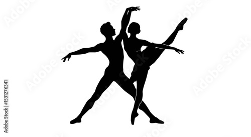 Silhouette of two dancers performing a ballet pose in motion  