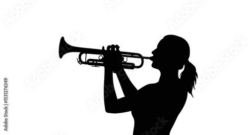 Silhouette of woman playing trumpet against a plain white background  