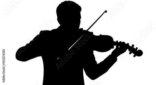 Silhouette of a man playing violin against a white background  