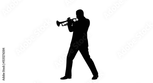 Silhouette of a musician playing trumpet on a white background  
