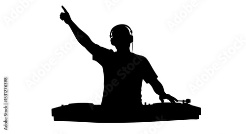 DJ performing with headphones and vinyl records in silhouette  