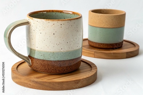 Two-Tone Ceramic Mug on Wooden Coaster on white background