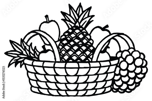 A simple black and white line art illustration depicting a woven basket overflowing with various fruits