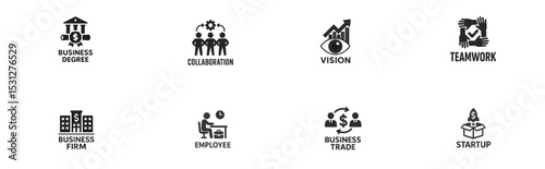 Business and Startup Icon Set – Flat Vector Illustrations for Teamwork, Vision, Employee, Collaboration, and Entrepreneurship Concepts
