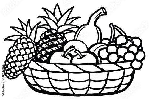Monochrome illustration of a wicker basket overfilled with a variety of fresh fruits for healthy eating