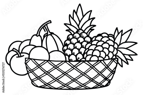 A vector illustration of a basket filled with variety of delicious fruits healthy eating concepts