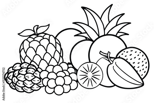 Black and white outlined drawing of a mixed assortment of fresh healthy fruits for design and decoration.