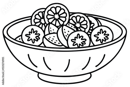 A simple black and white illustration of a bowl filled with sliced citrus fruits ready to serve.