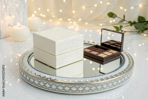 Two-Piece Product Box on Mirror Base with Top Lighting on white background