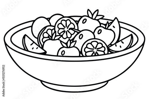 Black and white line art illustration of a fresh fruit salad served in a decorative ceramic bowl