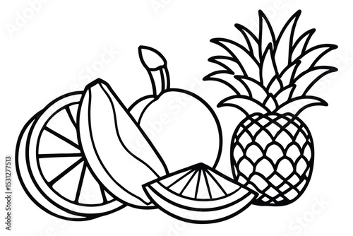 Black and white outline illustration of tropical fruits including pineapple orange banana and mango