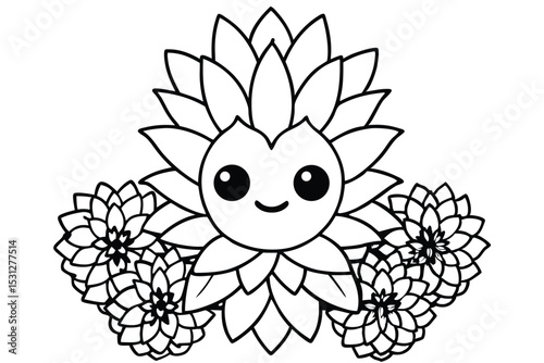 Adorable smiling cartoon flower with three dahlia flowers illustration perfect for coloring books and educational projects