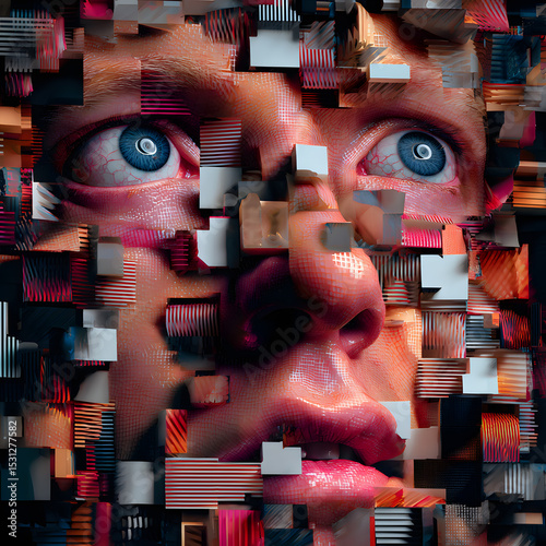 Fragmented Portrait A Glitch in Reality. Cartoon pixelated image of a human face