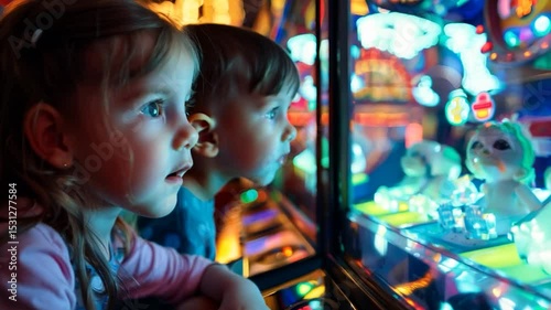 Two children are intently watching bright arcade machines filled with lights and stuffed toys