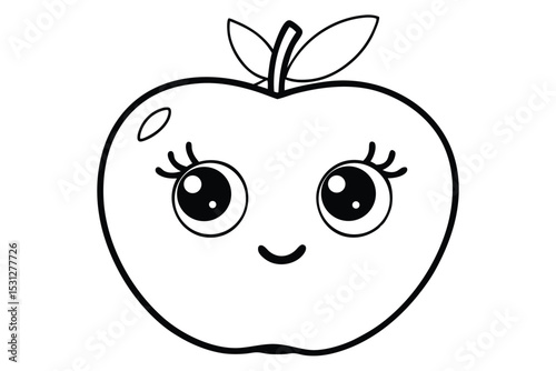 Cute smiling apple character with big eyes and eyelashes a black and white illustration for children