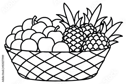 Hand-drawn illustration of a wicker basket overflowing with fresh ripe apples and two pineapples ready to eat.
