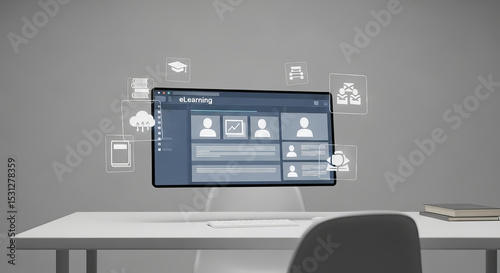 Minimalist digital eLearning dashboard floating mid-air above a desk, surrounded by holographic academic icons such as books, cloud storage, and user profiles, education concept