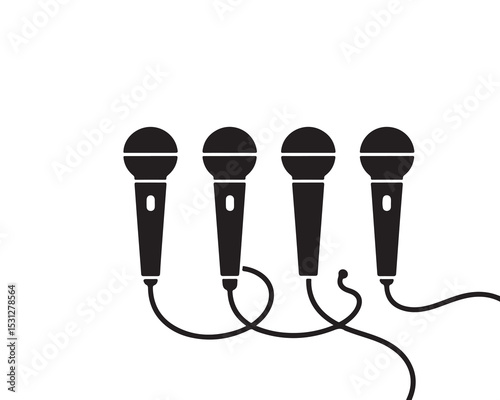Four microphones connected isolated on white background