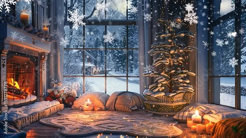 A cozy room with snow outside is warmed by the glow of a fireplace