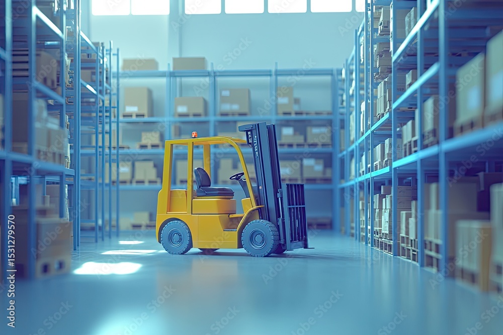 Fototapeta premium A yellow forklift inside a brightly lit warehouse. High shelves filled with cardboard boxes. Interior shot, industrial scene