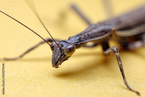 A close up of a praying mantisch on a yellow surface