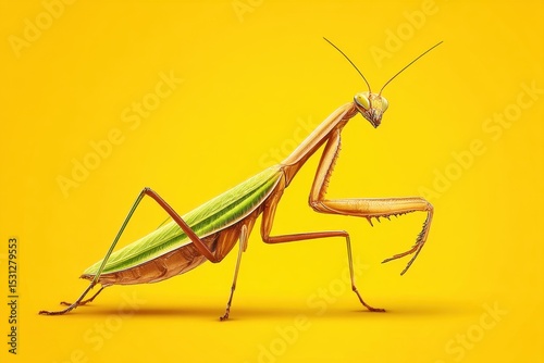 A praying mantisch on a yellow background
