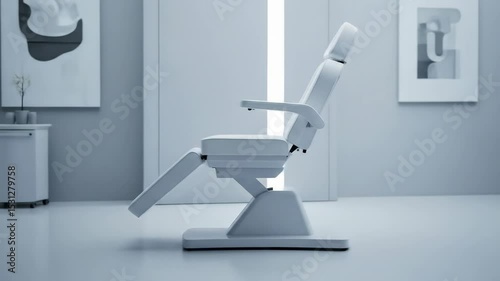 White reclining chair in modern clinic setting. Empty examination bed for medical aesthetic or dental treatment. Minimalist space for beauty therapy, footage.