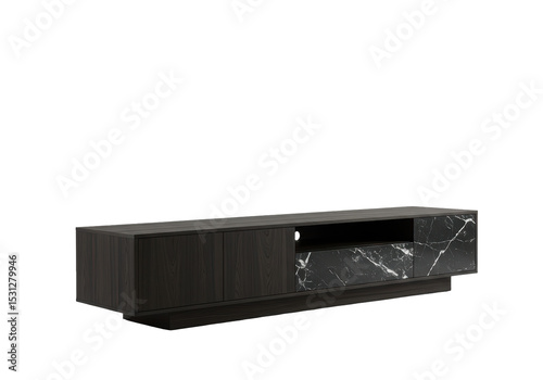 Isolated Modern Black TV Stand with Marble Accent