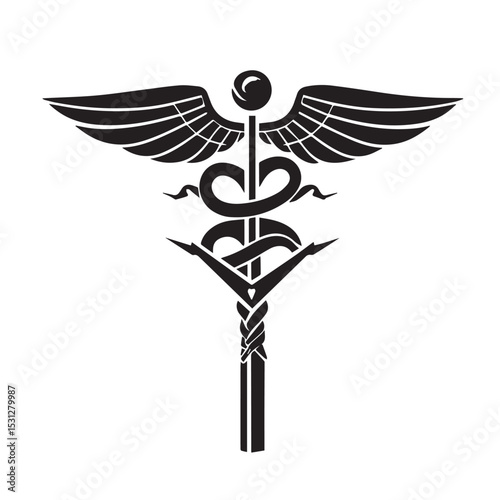 Caduceus medical symbol black and white graphic