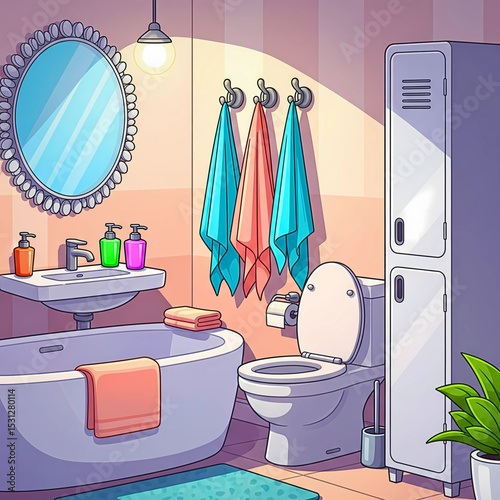 Modern Cartoon Bathroom Interior Set - Flat Vector Illustration
