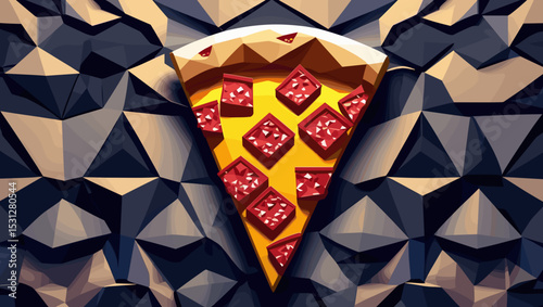 Stylized pizza slice with pepperoni on a textured geometric background