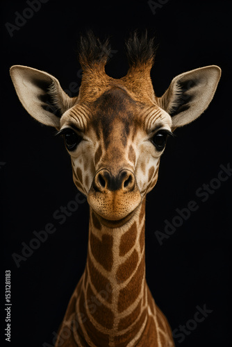 Close-Up Portrait of a Baby Giraffe Against Black Background