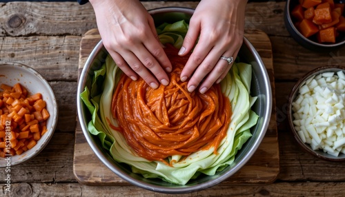 traditional korean kimchi making scene with hands rubbing chili paste into napa cabbage, seen from above on rustic table