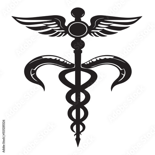 Winged caduceus medical symbol black and white