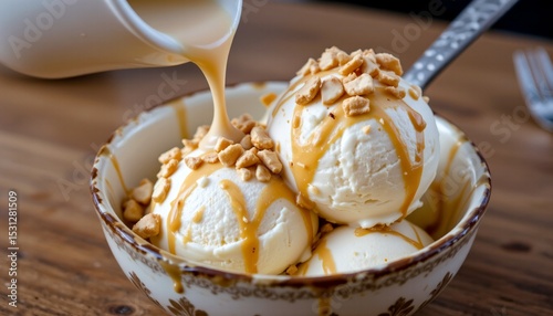scoop of creamy coconut ice cream in vintage style bowl, topped with pouring condensed milk and crushed peanuts