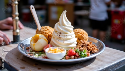 traditional thai ice cream cart style dessert with coconut ice cream and assorted toppings on tray, soft daylight shadows