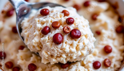macro shot of coconut ice cream texture with red beans and palm seeds falling gently from silver spoon