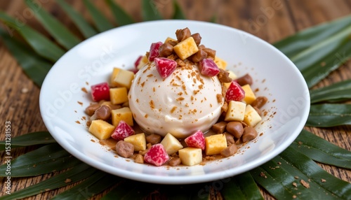minimal top down of coconut ice cream and toppings placed diagonally on white plate with banana leaf accents